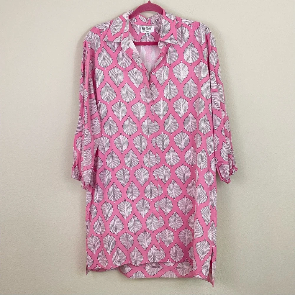 Holly Shae Pink Leaf Print Hand Block Cotton Shift Dress  One Size - Picture 8 of 8